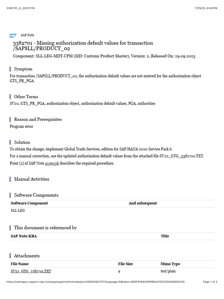 Missing authorization default values for transaction sapsll product