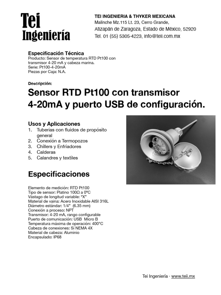 Sensor RTD Pt100 con Transmisor 4-20 mA | PDF | Tecnología
