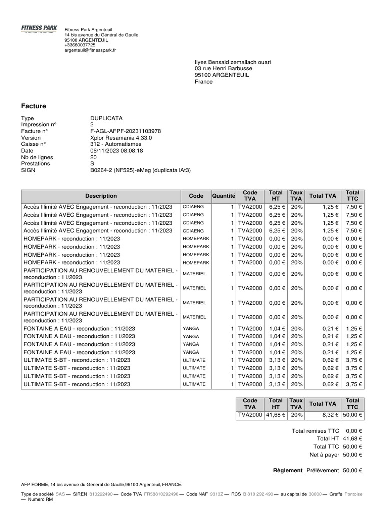 Facture Fitness Park Argenteuil 2023 | PDF | Taxe sur la valeur ajoutée ...