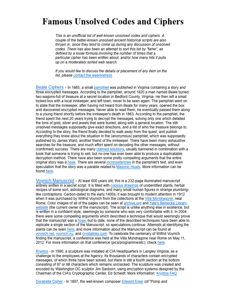 Famous Unsolved Codes and Ciphers | PDF | Cryptography | Secrecy