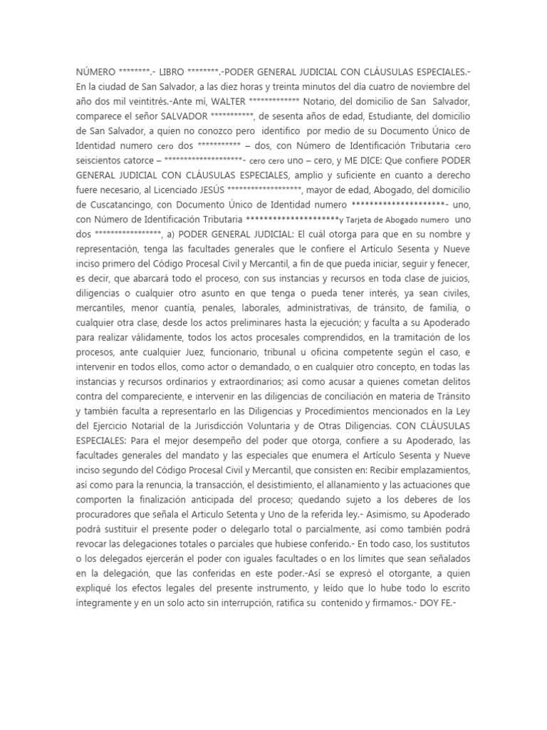 Modelo - Poder General Judicial Con Clausula Especial | Descargar ...