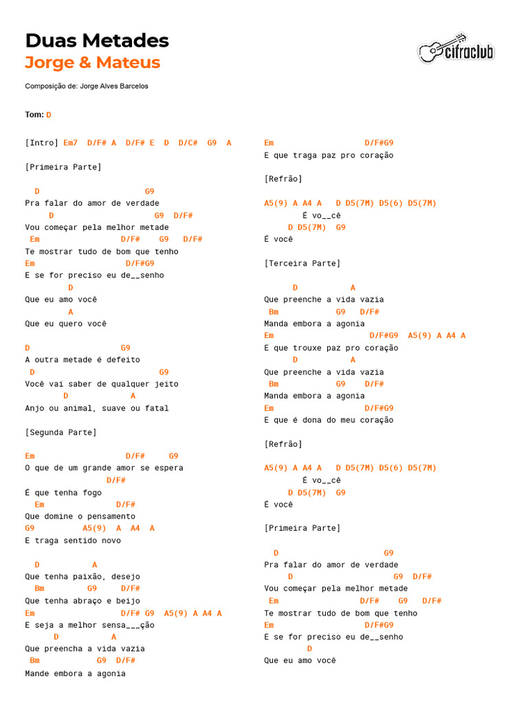 Cifra Club - Jorge & Mateus - Duas Metades | PDF