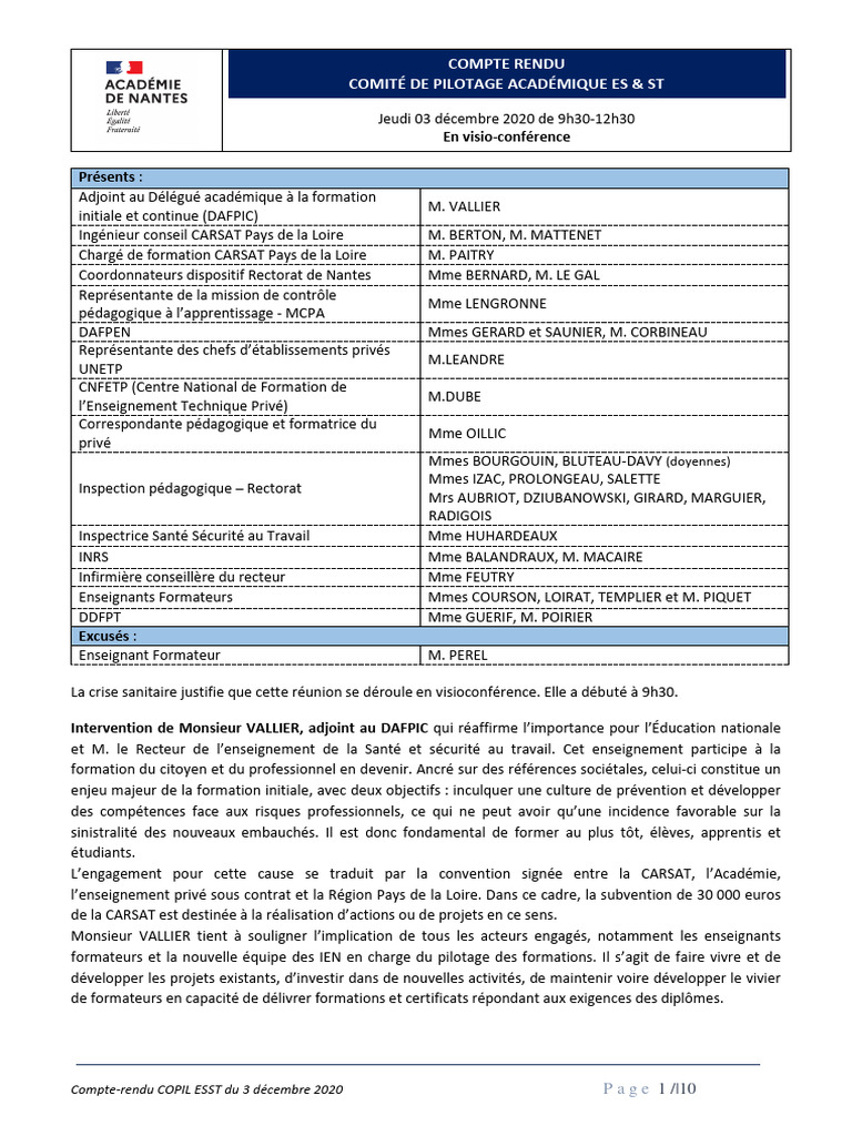 Compte-rendu COPIL ESST 3 déc. 2020 | PDF | Enseignants | Santé et ...