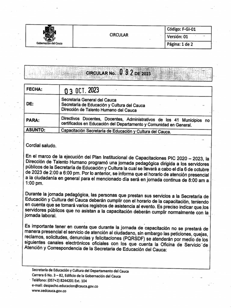 Circular No. 092 de 2023 | PDF