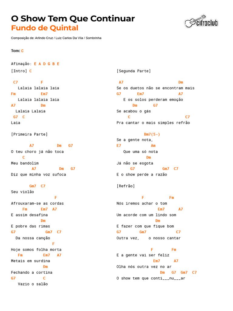 O Show Tem Que Continuar: Letra e Cifras | PDF