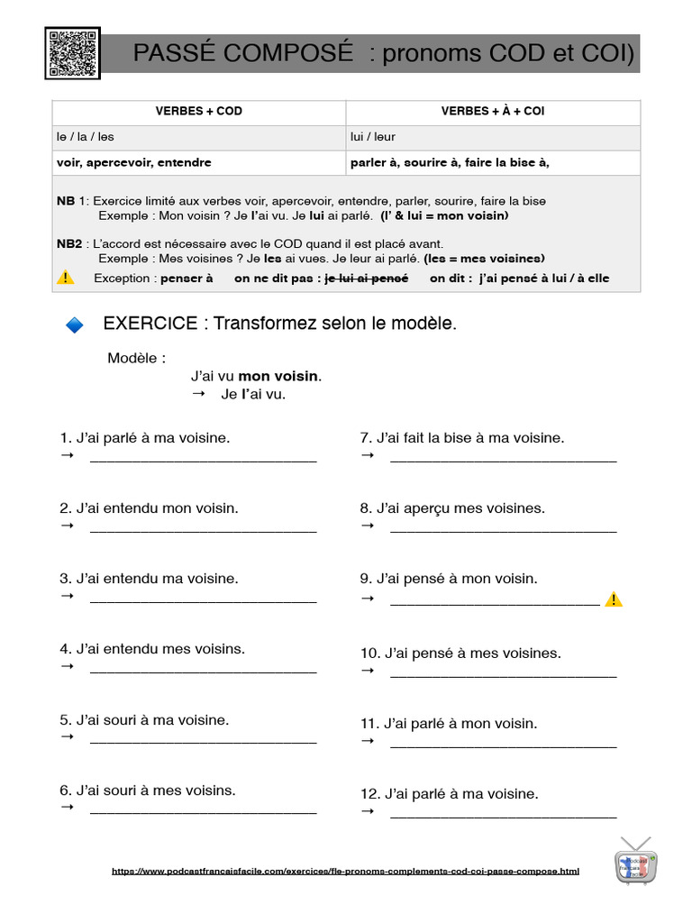Pronoms Cod Coi Passe Compose | PDF | Complément d'objet | Échecs