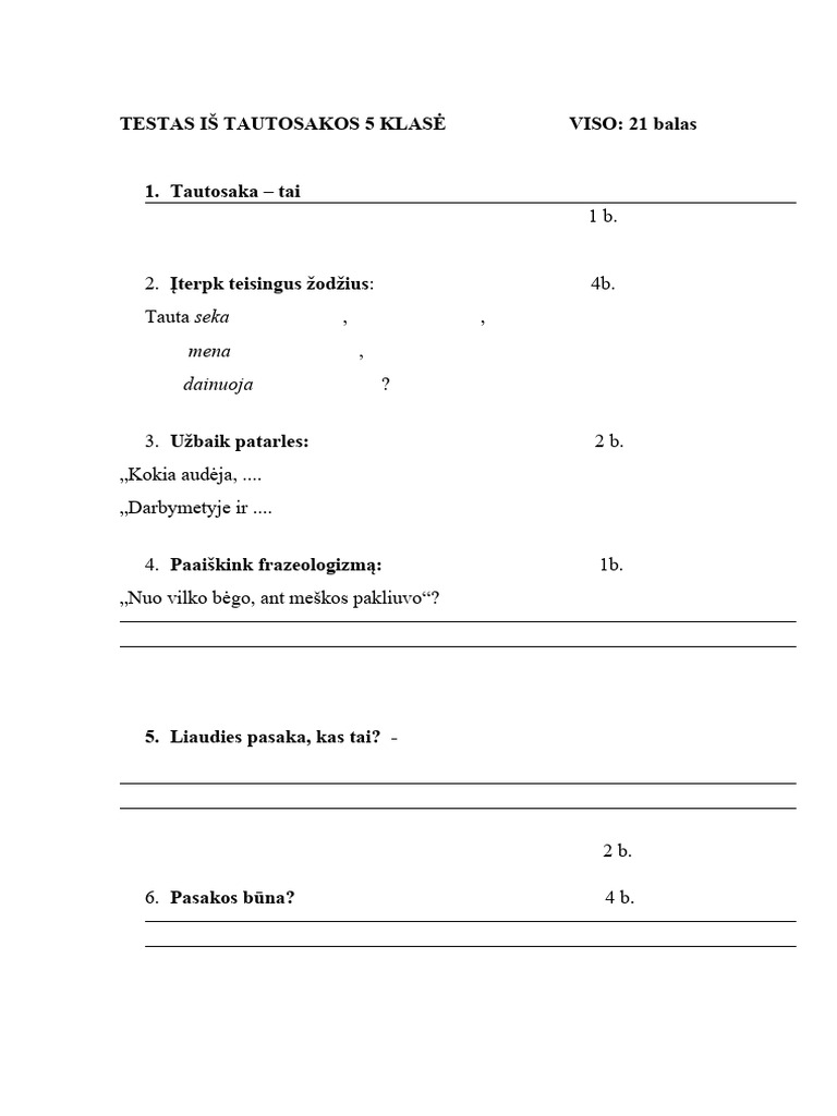 Testas Is Tautosakos 5 Klase | PDF