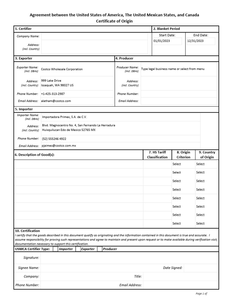 USMCA Producer Template COO 202324 PDF Information Science