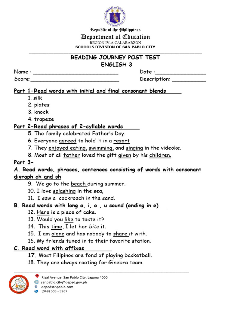 Grade 3 Reading Post Test | PDF | Insects