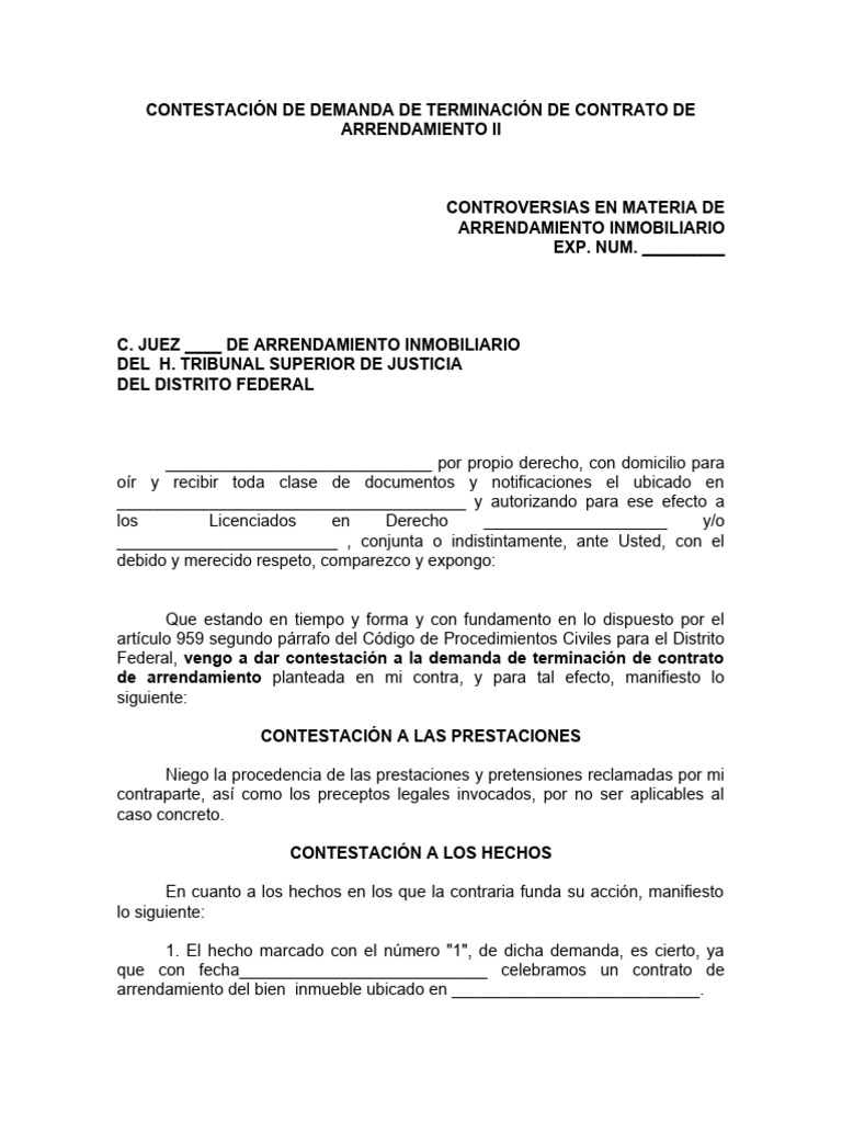 CONTESTACIÓN DE DEMANDA DE TERMINACIÓN DE CONTRATO DE ARRENDAMIENTO II ...