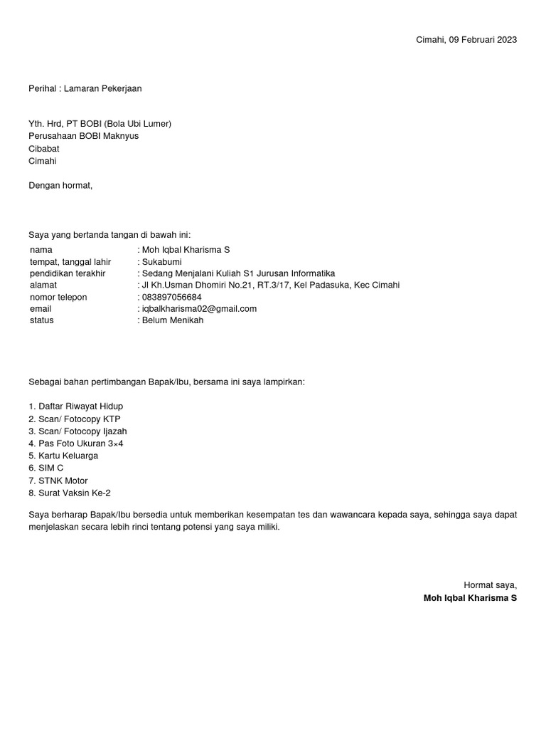 Surat - Lamaran - Kerja - PT BOBI | PDF
