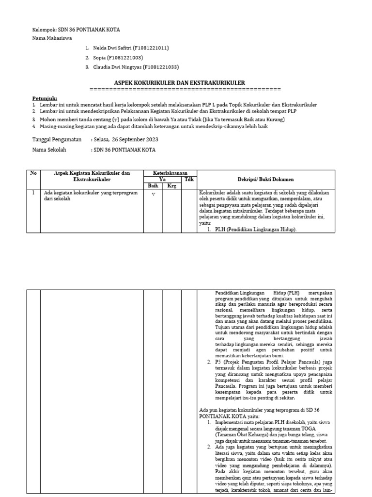 Pengamatan kokurikuler dan ekstrakurikuler bagian affni pdf