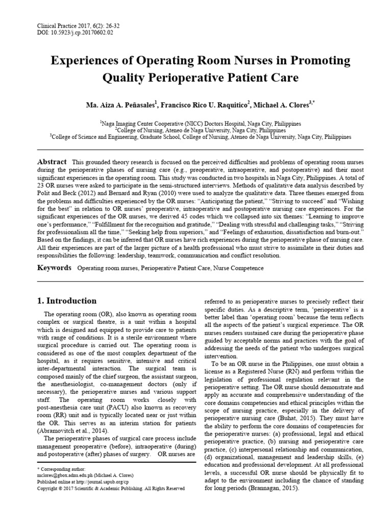 Experiences of Operating Room Nurses in Promoting Quality Perioperative ...