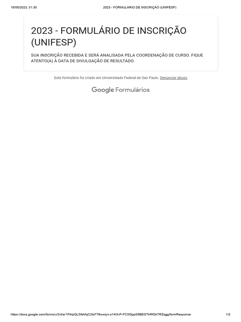 2023 Formulário de Inscrição (Unifesp) PDF