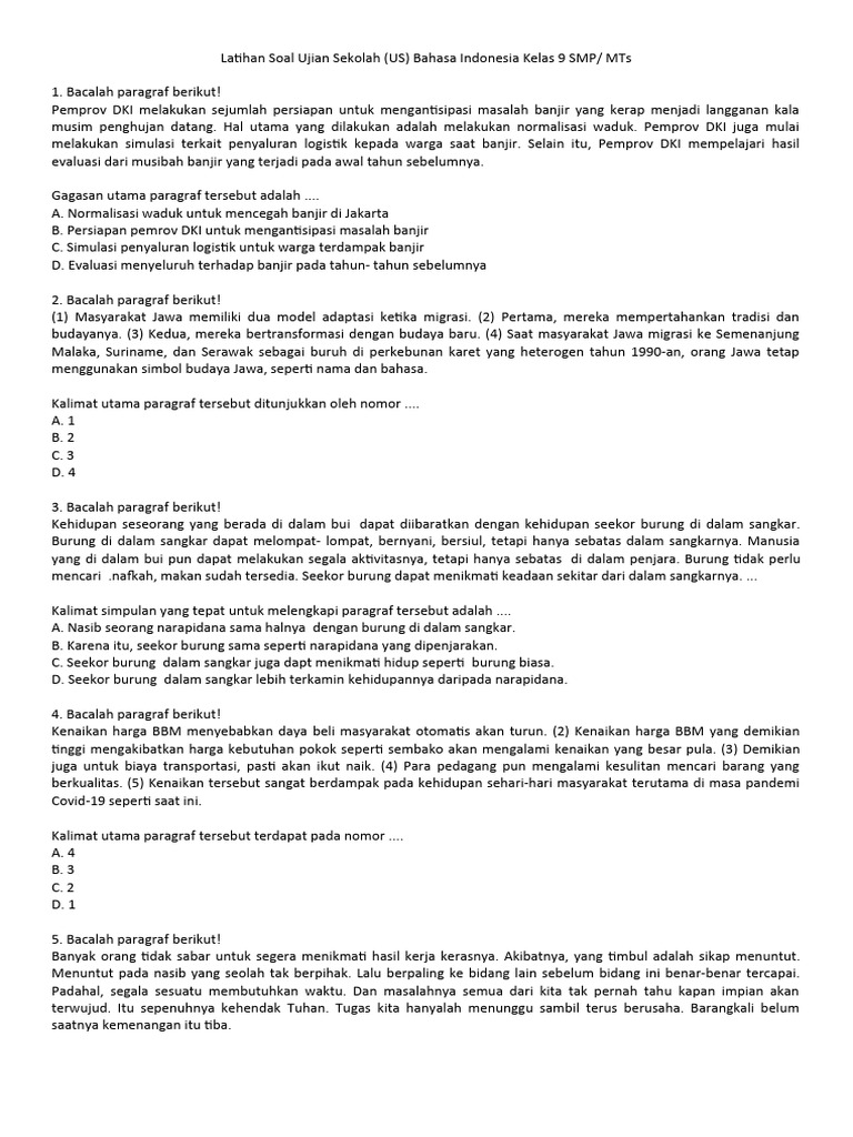 Latihan Soal Ujian Bahasa Indonesia Kelas 9 | PDF