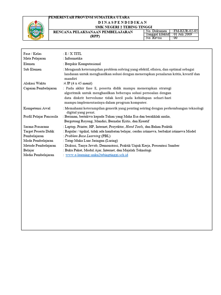 RPP Pembelajaran Informatika SMK | PDF