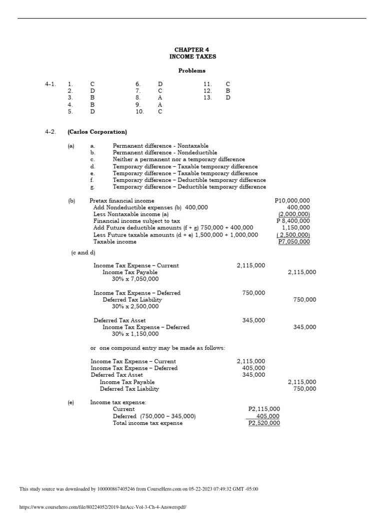 Income Taxes: Chapter 4 Answers | PDF | Deferred Tax | Tax Expense