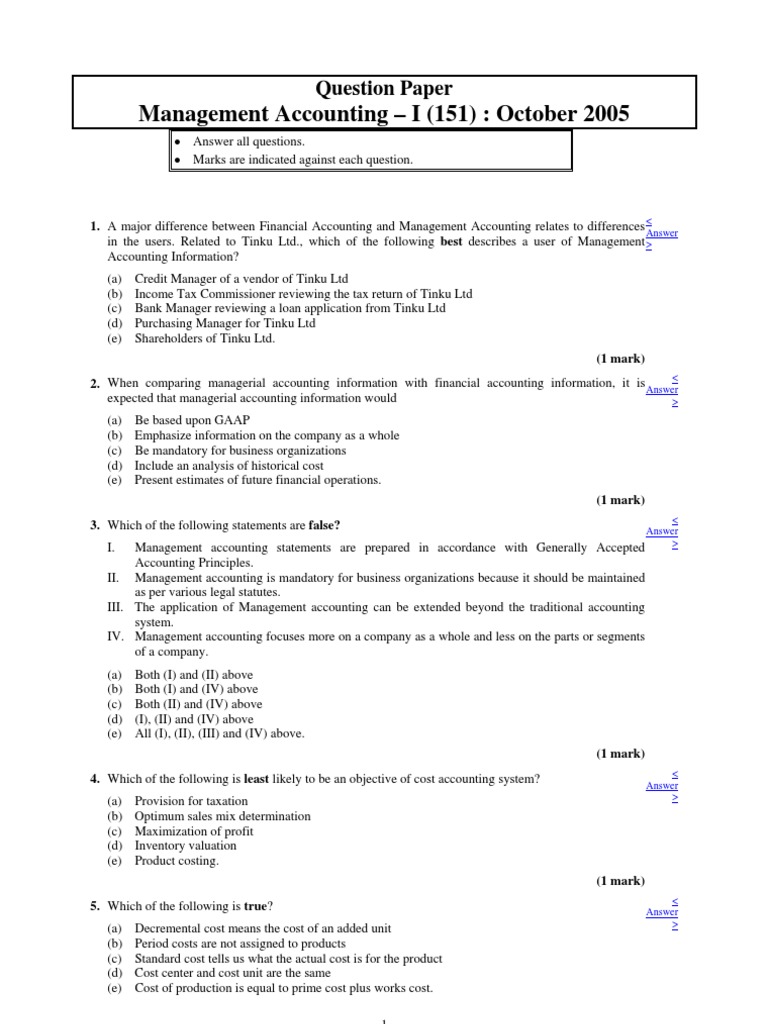 Management Accounting I (151) October 2005 Question Paper