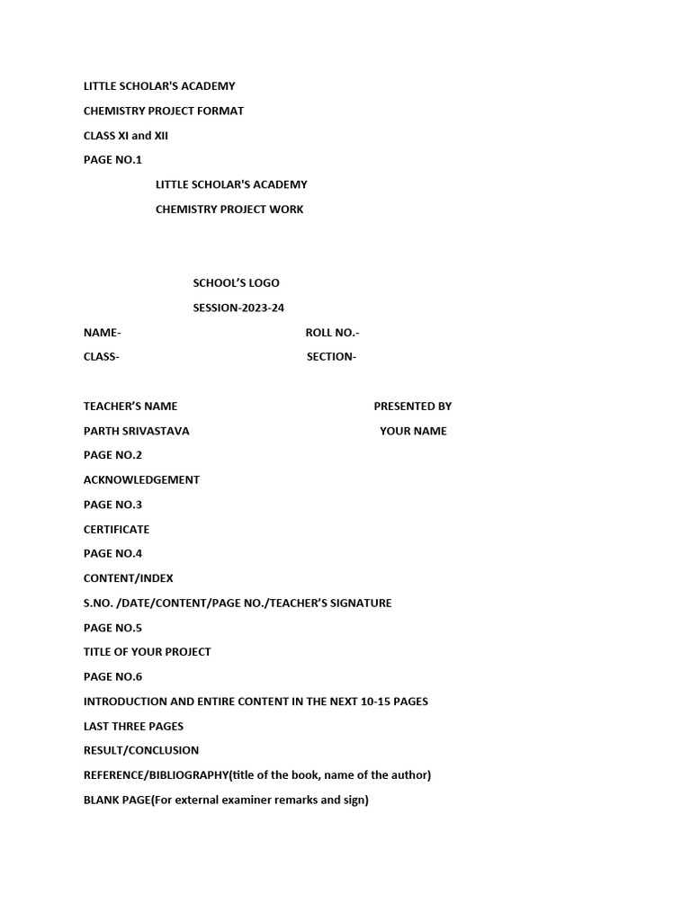 Chemistry project format pdf