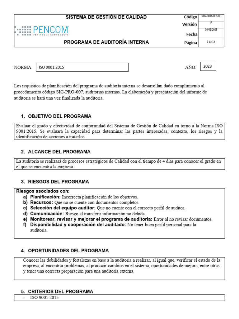 Programa de Auditoría ISO 9001:2015 | PDF | Auditoría | Sistema de ...