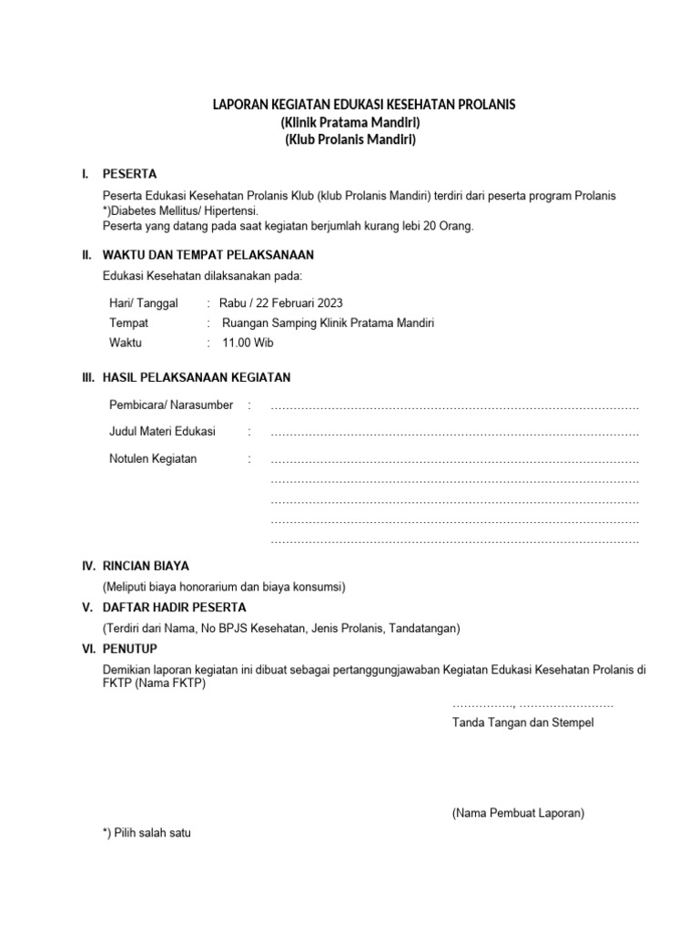 Format Laporan Kegiatan Prolanis | PDF | Karier & Perkembangan