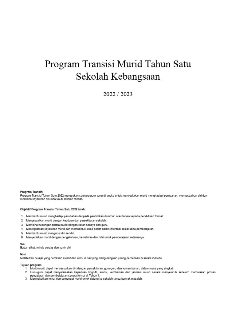 Program Transisi Tahun Satu 2022 | PDF