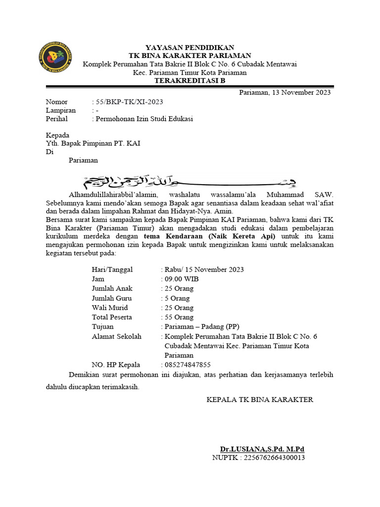 Surat Permohonan Izin Ke PT KAI | PDF