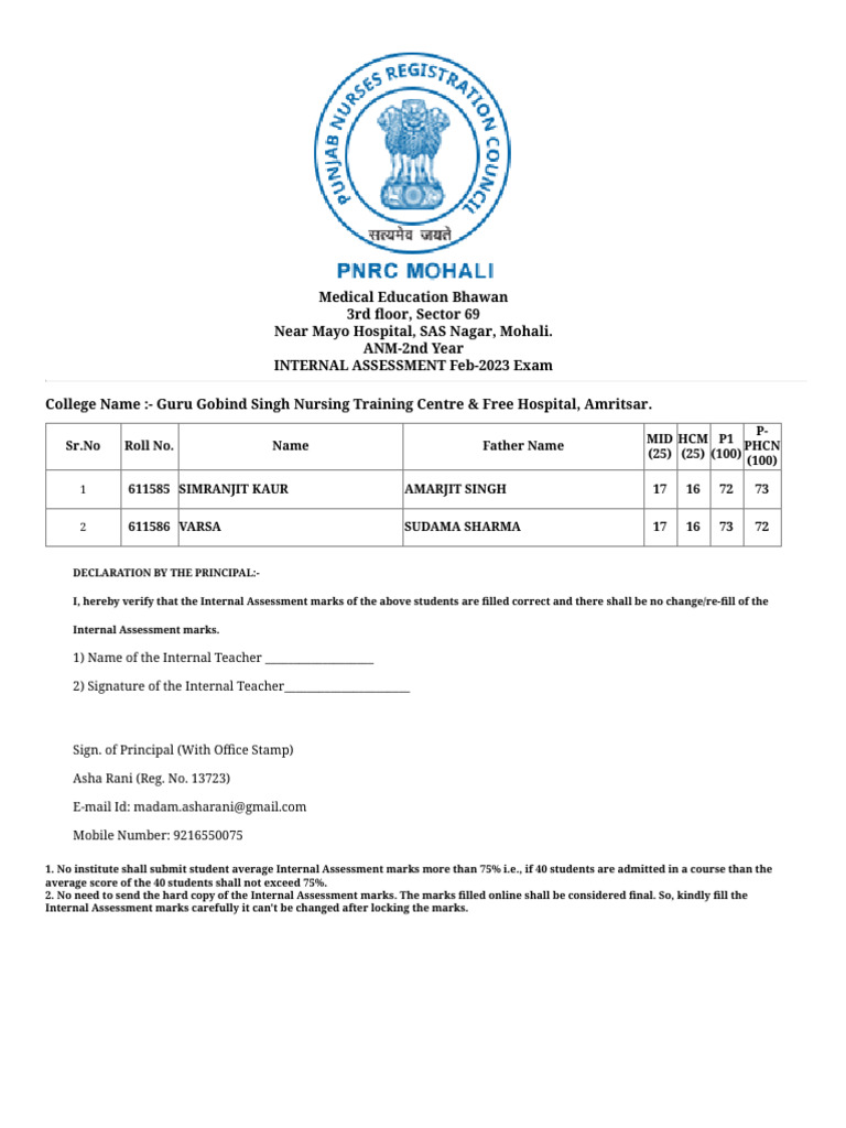 ANM 2nd Year Internal Assessment 2023 | PDF