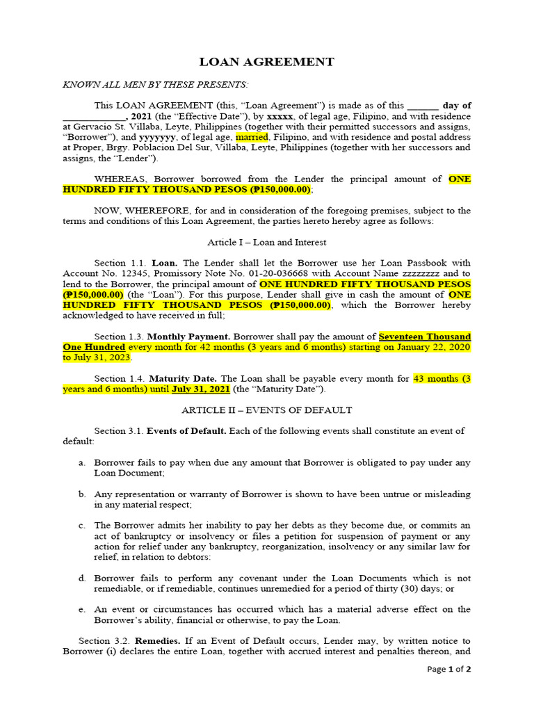 Loan Agreement Format PDF Loans Bankruptcy