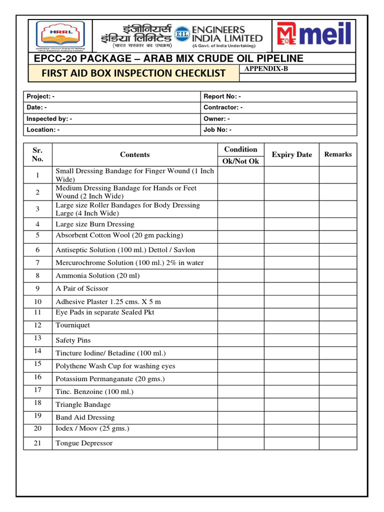 HSE First Aid Box Inspection Checklist PDF