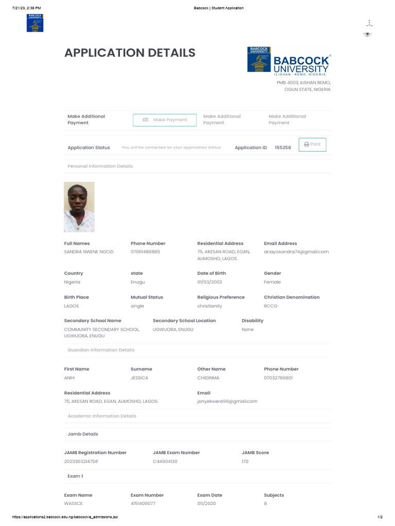 Babcock Student Application SANDRA NWENE PDF