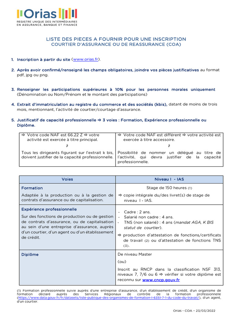 Inscription COA : Pièces à Fournir | PDF | Assurance | Courtier