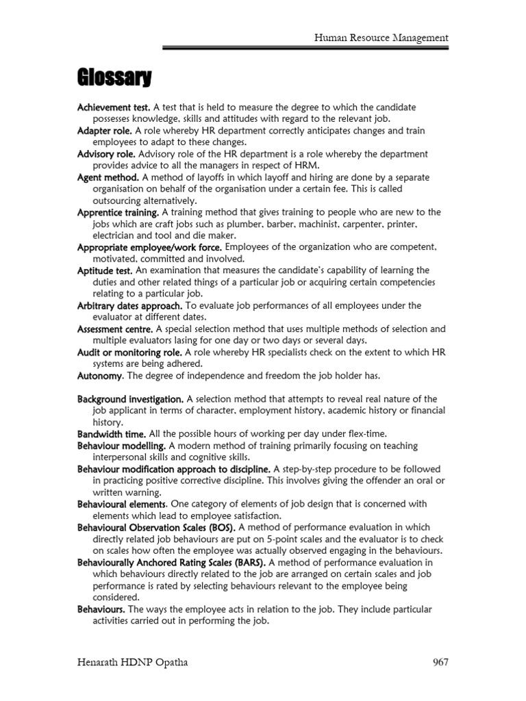 Glossary Human Resources PDF Human Resource Management Employment