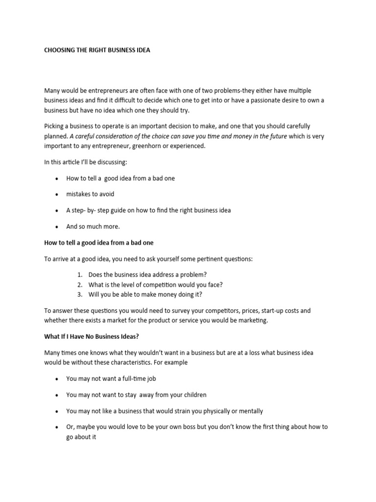 Choosing the right business idea pdf startup company small