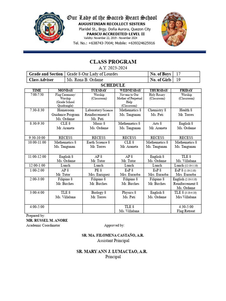 Grade 8 Class Schedule 2023-2024 | PDF | Catholic Spirituality