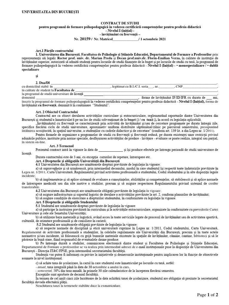 Contract de Studii DPPD Nivel I - LICENTA - 2021 | PDF