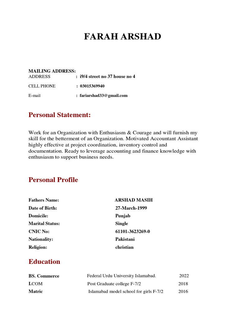 Farah arshad cv pdf call centre business economics