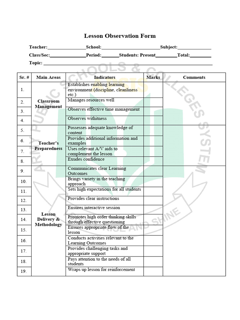 APSIS Lesson Observation Form | PDF | Teachers | Cognitive Psychology