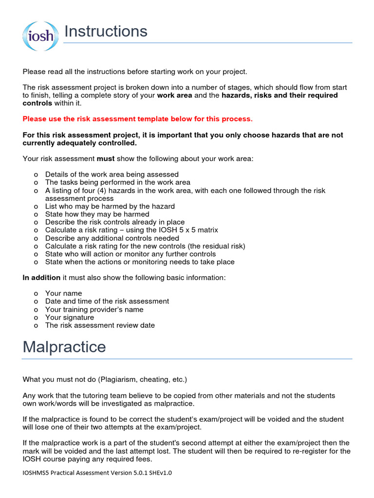 IOSH Risk Assessment Project Guide | PDF | Risk | Risk Assessment