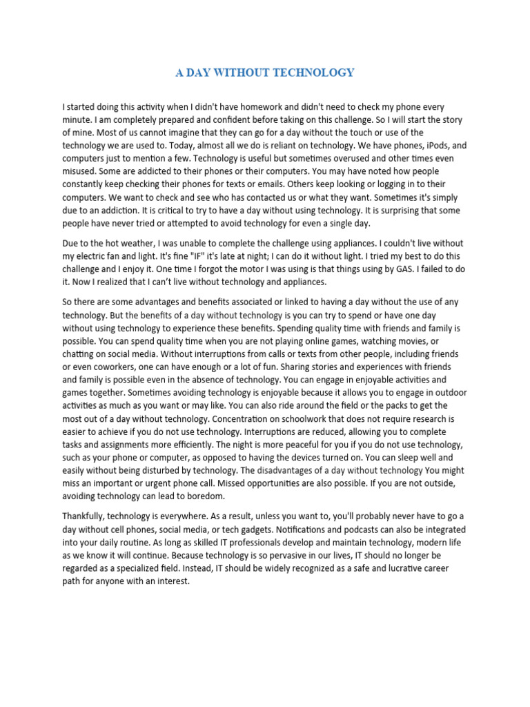 A Day Without Technology Essay | PDF | Social Media | Popular Culture ...