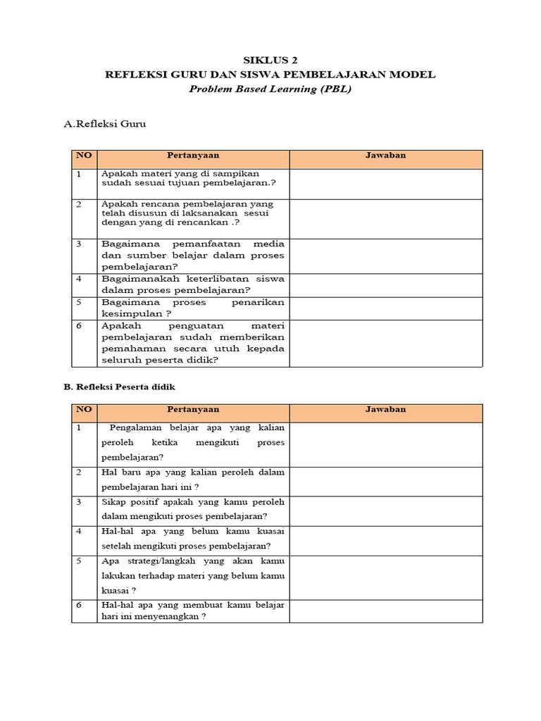 Refleksi Pembelajaran PBL Guru dan Siswa | PDF | Karier & Perkembangan ...