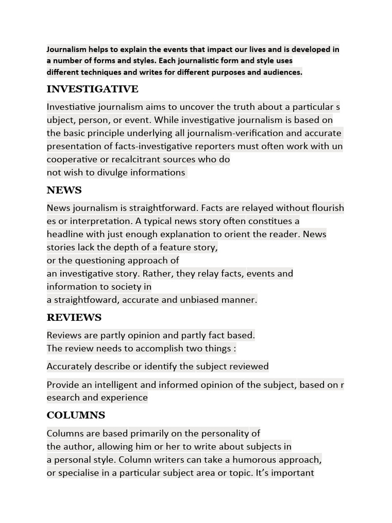 Types of Journalism Explained | PDF | Social Science | Science ...