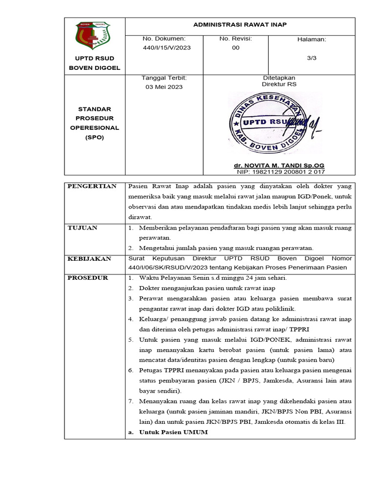 SOP Administrasi Rawat Inap | PDF