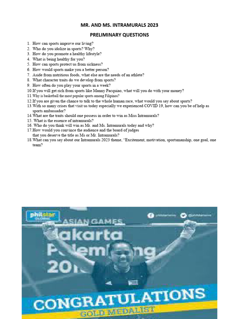 Mr. and Ms. Intramurals 2023 Questions | PDF | Sports & Recreation ...