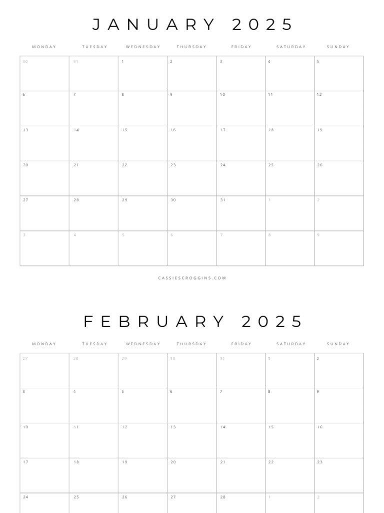 2025ModernCalendarsStartingMonday PDF