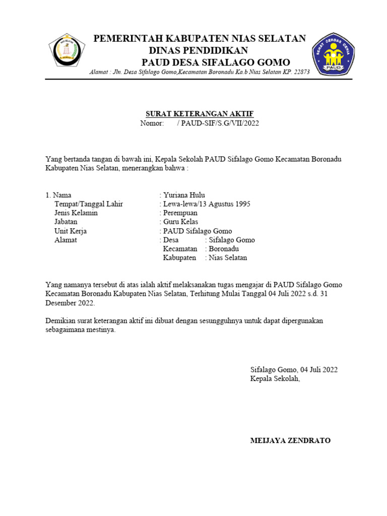 Surat keterangan aktif paud sifalago pdf