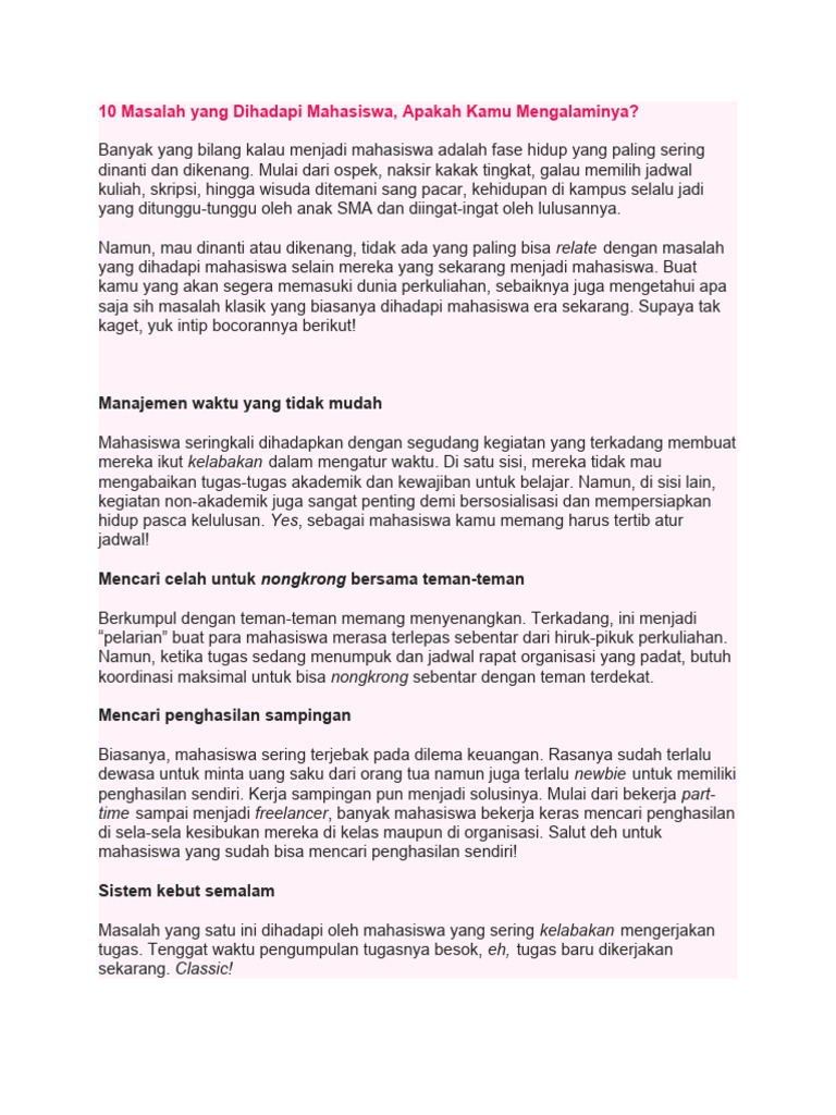 Masalah Umum Dihadapi Mahasiswa | PDF