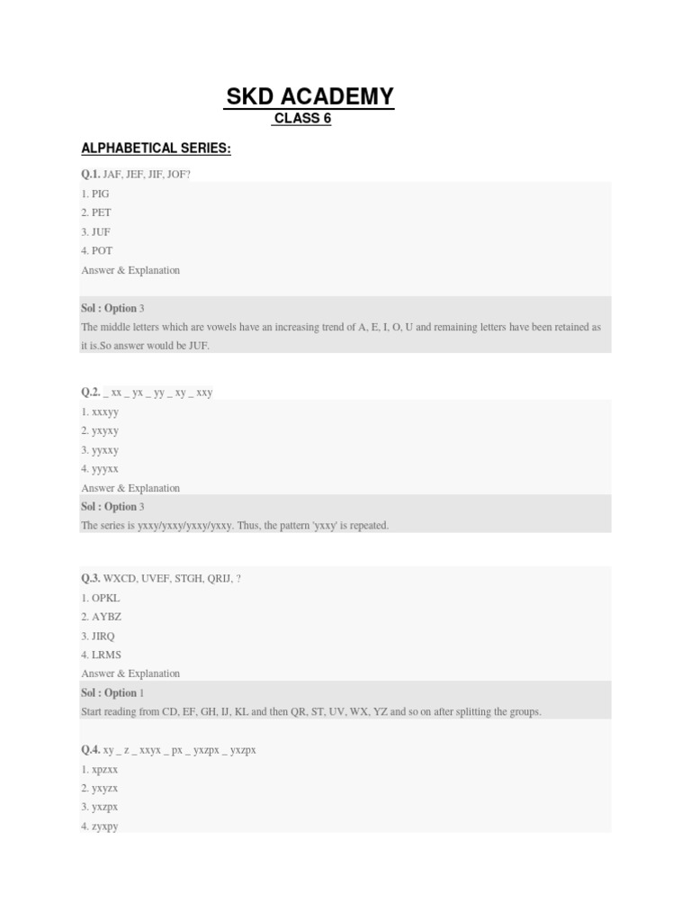 Class 6 Alphabet Series Practice | PDF