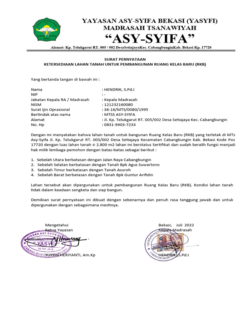 Surat Pernyataan Ketersediaan Lahan RKB | PDF