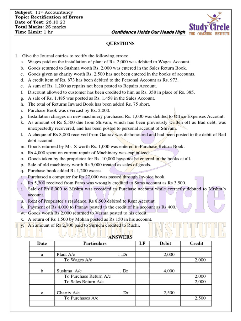 Anser key of rectification of errors pdf debits and credits business
